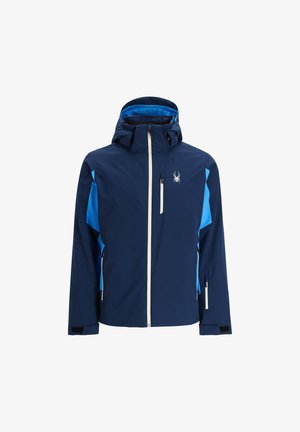 Giacca blu navy con accentuazioni azzurro chiaro, chiusura con zip frontale, cappuccio regolabile e due tasche con zip. Realizzata in materiale resistente all'acqua.