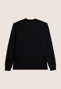 Maglietta nera a maniche lunghe in tessuto morbido, con scollatura rotonda e polsini a costine, con un retro semplice e dettagli minimi.
