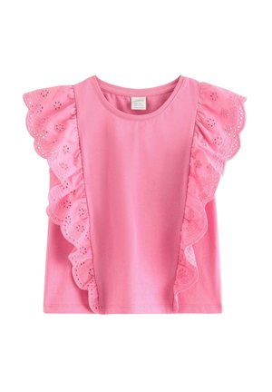 Vaaleanpunainen hihaton toppi, jossa on lovutettu silmäpistokoristenauha, joka kulkee hartioilta alas etureunoja pitkin.