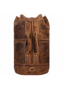 Sac à dos à cordon en cuir marron avec une finition texturée, présentant des éléments en métal doré, une fermeture supérieure et des détails de couture accentués.