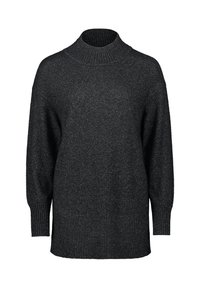 Gros pull en tricot noir, surdimensionné, avec un col haut, des manches longues et un ourlet côtelé. Le matériau possède une texture légèrement scintillante.