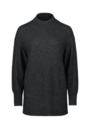Schwarzer, übergroßer Strickpullover mit hohem Kragen, langen Ärmeln und geripptem Saum. Das Material hat eine subtile, glitzernde Textur.