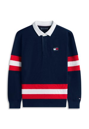 Marineblå langærmet rugbyshirt med hvid krave, røde og hvide striber på ærmer og kant samt Tommy Hilfiger-logo på bryst og manchet.