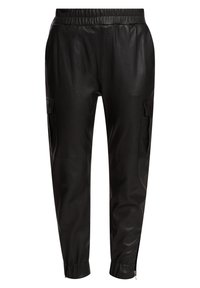 Svarta läderjoggers med elastisk midja, två sidofickor, smalnande anklar och dragkedjetampor, med en slät, strukturerad finish.