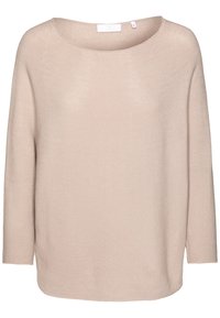 Licht beige gebreide trui met een brede ronde halslijn en driekwartmouwen. Beschikt over een textiele stof en een relaxed fit.