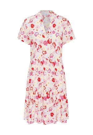 Blomstret kjole i let stof, med v-hals, korte ærmer, et tætsiddende liv og en flagrende nederdel med et lagdelt kant i pastelfarver.