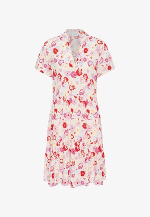 Virágmintás ruha könnyű anyagból, V-kivágással, rövid ujjal, illeszkedő felső résszel és harangszoknyával, pasztell színekben, réteges szegéllyel.