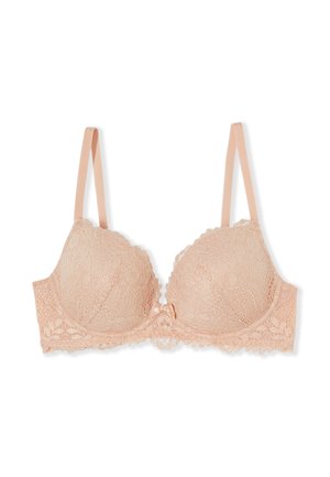 Sujetador de encaje rosa claro con tirantes ajustables, copas moldeadas y un pequeño lazo central.