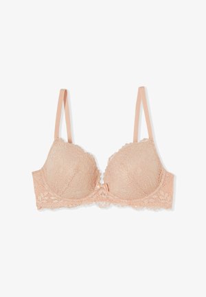Sujetador de encaje rosa claro con tirantes ajustables, copas moldeadas y un pequeño lazo central.