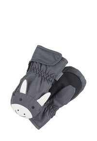 Graue Handschuhe mit einem Esel-Design, das weiße Ohren und ein lächelndes Gesicht zeigt. Aus weichem, wasserabweisendem Material mit elastischen Bündchen gefertigt.