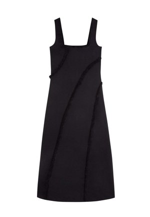 Black sleeveless dress featuring a square neckline, textured lace accents, and an A-line shape with subtle diagonal seams.