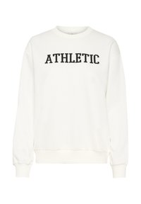 White sweatshirt with black "ATHLETIC" text, crew neckline, ribbed cuffs, and hem. Made of soft fabric, features relaxed fit and smooth texture.