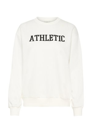 Biała bluza z czarnym napisem "ATHLETIC", z okrągłym dekoltem, ściągaczami na rękawach i u dołu. Wykonana z miękkiego materiału, charakteryzuje się luźnym krojem i gładką fakturą.