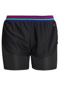 Pantalones cortos deportivos negros con una capa superior de malla transpirable y una capa interior sólida. Presentan una cintura con rayas multicolores.