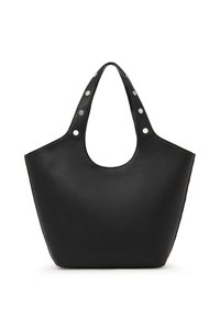 Sac en cuir noir avec une large ouverture en haut, des poignées arrondies et des clous en métal argenté sur les côtés. Texture lisse et forme structurée.