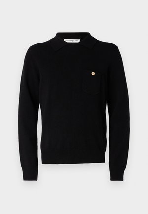 Black knit sweater with a polo collar and long sleeves. Features a chest pocket with a button accent. Soft texture, fitted design.