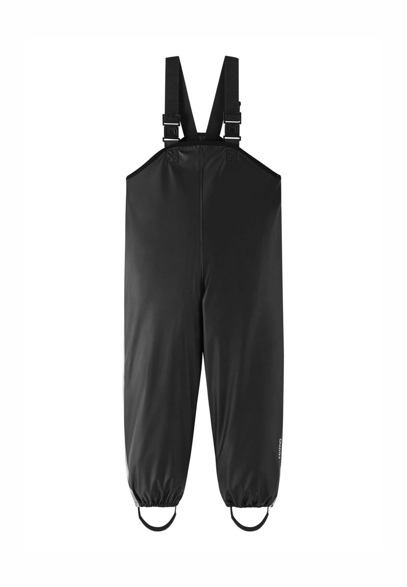 Sorte vanntette bibbukser med justerbare seler, elastiske mansjetter og en glatt, matt overflate. Designet for utendørs bruk.