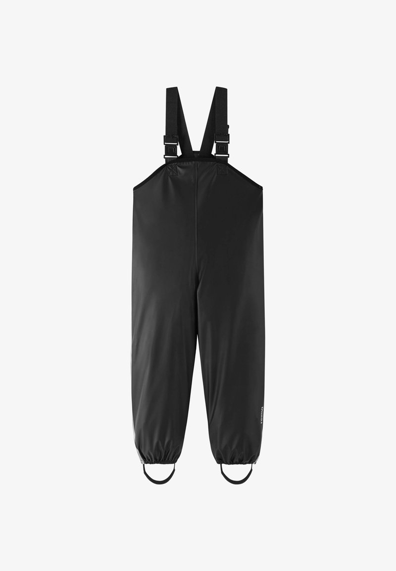 Schwarze wasserdichte Latzhose mit verstellbaren Trägern, elastischen Bündchen und einer glatten, matten Textur. Für den Außeneinsatz konzipiert.