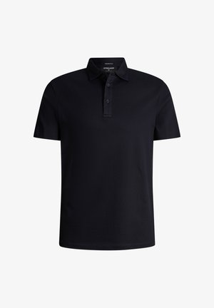 Zwart poloshirt met korte mouwen, kraag en drieknoopsbies, gemaakt van gestructureerde stof, voorkant op witte achtergrond.