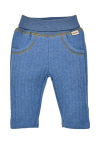 Pantaloni blu a coste per bambini con vita elastica, due tasche frontali e dettagli di cucitura gialla. Tessuto morbido in cotone.