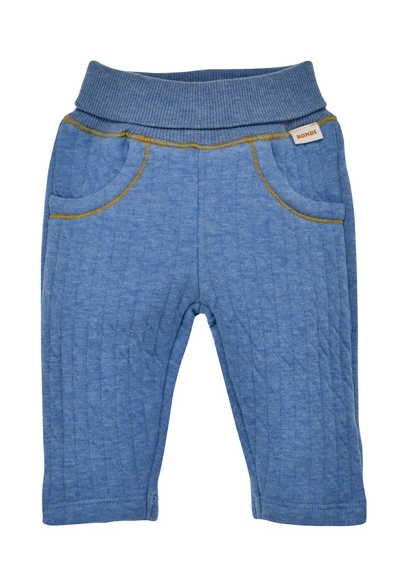 Pantaloni blu a coste per bambini con vita elastica, due tasche frontali e dettagli di cucitura gialla. Tessuto morbido in cotone.
