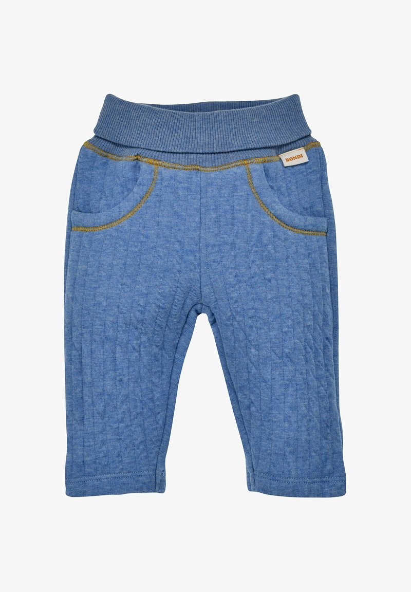 Blaue gerippte Kinderhosen mit einem elastischen Bund, zwei Vordertaschen und gelben Nähakzenten. Weicher Baumwollstoff.