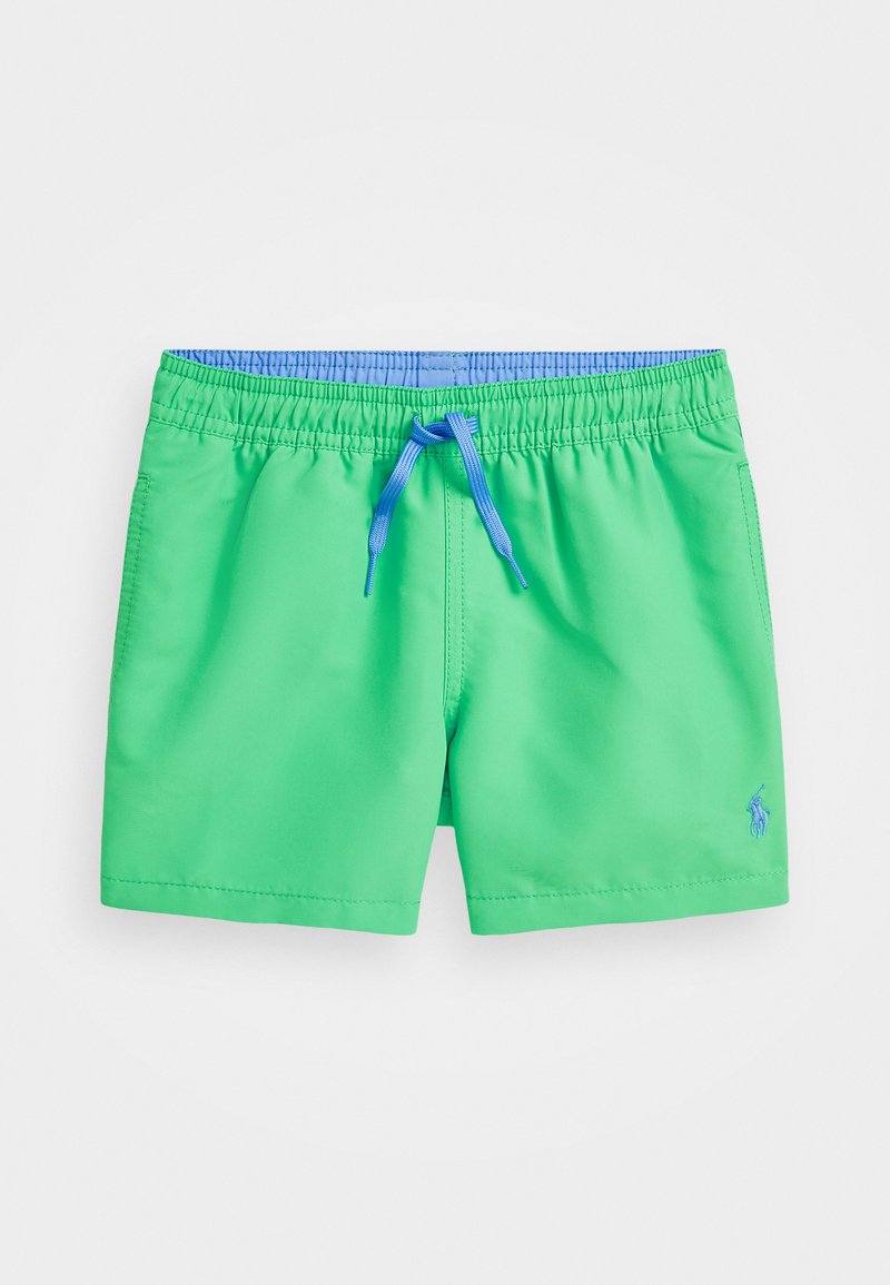 Gröna badshorts med elastisk midjeband och blå dragsko. Har en liten logotyp på nedre högra sidan. Slät tygtextur.