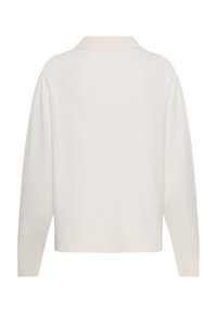Pull à manches longues couleur crème avec col plié, vu de dos, avec poignets et ourlet côtelés.