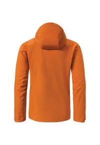 Eine orange wasserfeste Jacke mit Kapuze, ausgestattet mit einer glatten Textur und langen Ärmeln, die für den Außeneinsatz konzipiert ist. Keine sichtbaren Logos oder Muster.