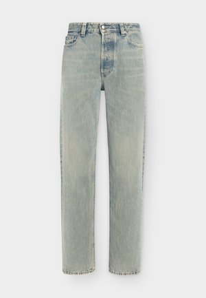 Svetlomodré vyprané rifle z denimu so strihom na rovné nohavice, piatimi vreckami a kovovým zapínaním na gombík v páse.