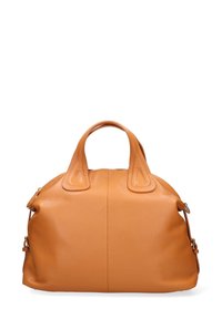 Borsa in pelle di un caldo colore arancione, forma rotonda, superficie testurizzata, doppi manici e zip laterali con accenti in metallo.