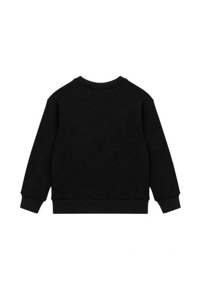 Felpa nera in cotone con maniche lunghe, polsini a coste e collo rotondo; texture liscia e senza modelli o decorazioni visibili.