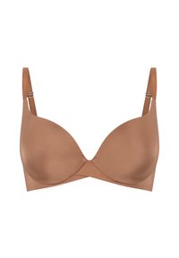 Bra in Braun, nahtlos mit geformten Cups, verstellbaren Trägern und einer glatten Textur; verfügt über eine Mittelnaht und subtile Nähte.