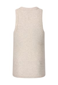 Beige, gerippte ärmellose Bluse mit rundem Ausschnitt und geradem Saum. Der Stoff hat eine weiche Textur mit subtilen Farbvariationen.