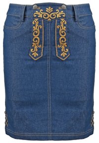 Gonna di jeans blu scuro con ricami dorati sul davanti e bottoni decorativi all'orlo. Presenta una forma aderente e un design classico.