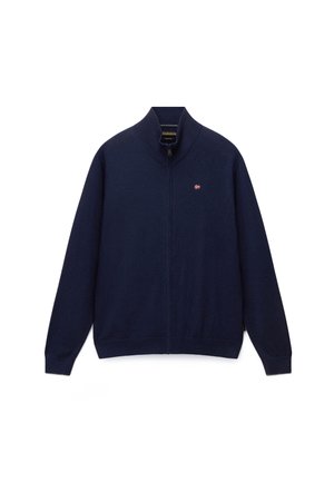 Navy blue zip-up sweater with high collar and small multicolored flag emblem on the left chest, long sleeves, ribbed cuffs and hem.
