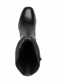 Fekete bőr bokacsizma sima felülettel, kerek orral és cipzáros záródással. Belseje fekete szövetbe van bélelve, amely textúrájával a kényelmet szolgálja.