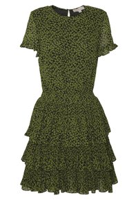 Vestido corto verde con un diseño de volantes en capas, mangas cortas, escote redondo y un patrón floral negro. Detalle de cierre en la parte trasera con forma de ojo de cerradura.