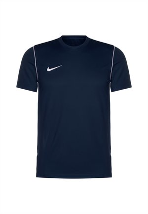 Marineblauses, kurzärmliges Sportshirt aus glattem Stoff, mit einem weißen Nike-Logo auf der Brust und weißen Akzenten an den Nähten.