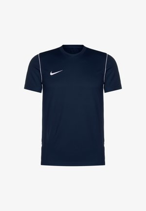 Camiseta deportiva de manga corta en azul marino, hecha de tela suave, con un logo blanco de Nike en el pecho y detalles blancos en las costuras.