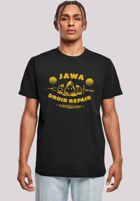 Juodas medvilnės marškinėlis su geltonu grafiniu atvaizdu, kuriame yra užrašas "JAWA DROID REPAIR" ir du stilizuoti personažai prieš saulėlydžio fono.