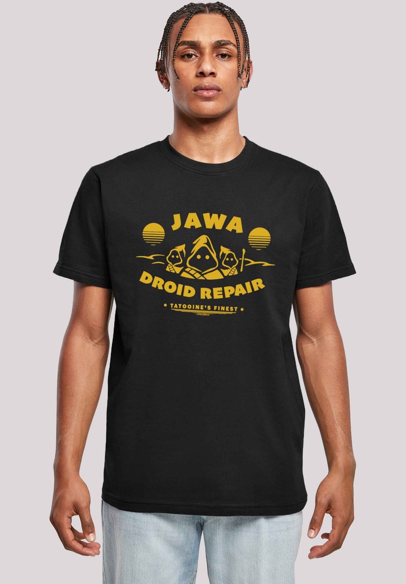 Juodas medvilnės marškinėlis su geltonu grafiniu atvaizdu, kuriame yra užrašas "JAWA DROID REPAIR" ir du stilizuoti personažai prieš saulėlydžio fono.