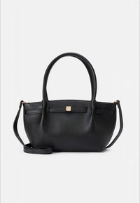 Mala preta com superfície texturizada, alças arredondadas e uma alça de ombro destacável. Apresenta um detalhe em metal dourado em forma de quadrado.