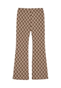 Bruna och beige utsvängda byxor med ett geometriskt diamantmönster, tillverkade av ett mjukt, stretchigt tyg. Elastisk midja upptill.