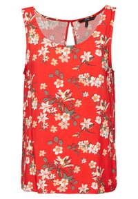 Red floral tank top featuring a scoop neckline, back keyhole detail, and white and green floral patterns on a lightweight fabric.