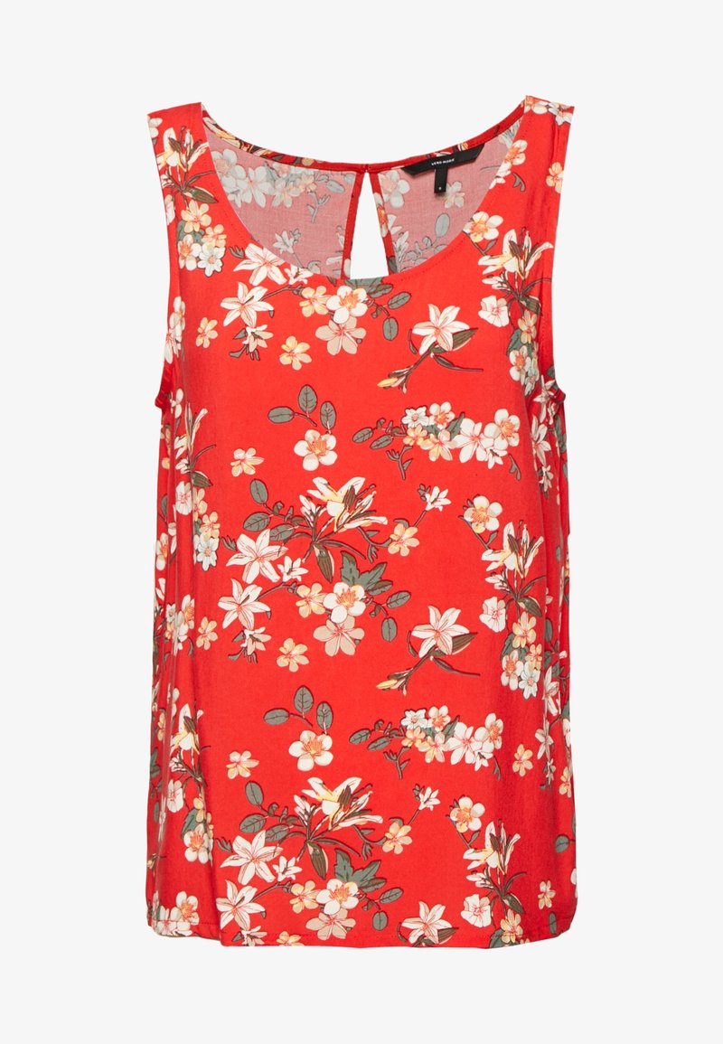 Red floral tank top featuring a scoop neckline, back keyhole detail, and white and green floral patterns on a lightweight fabric.