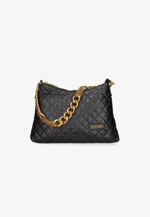 Borsa a tracolla nera trapuntata con una catena dorata e chiusura a zip. Pelle texturizzata con una placca logo di lato.