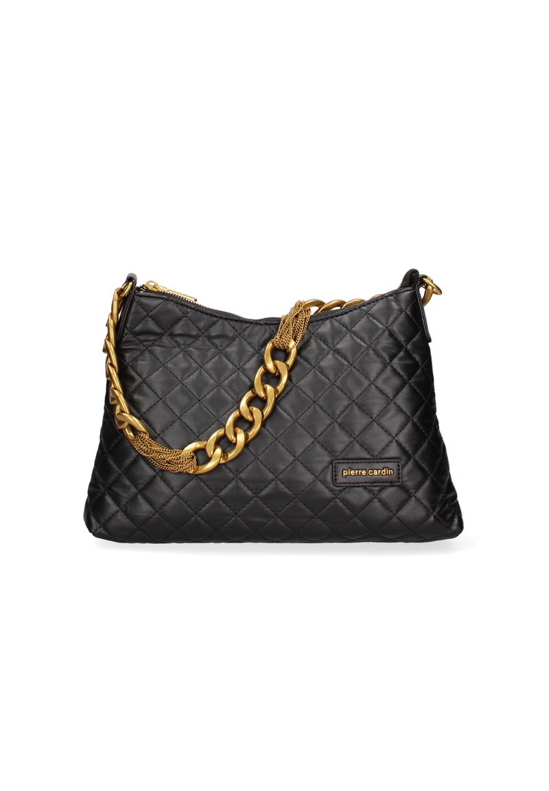 Zwarte gewatteerde handtas met een gouden kettingband en een ritsluiting. Getextureerd leer met een logo-plaat aan de zijkant.