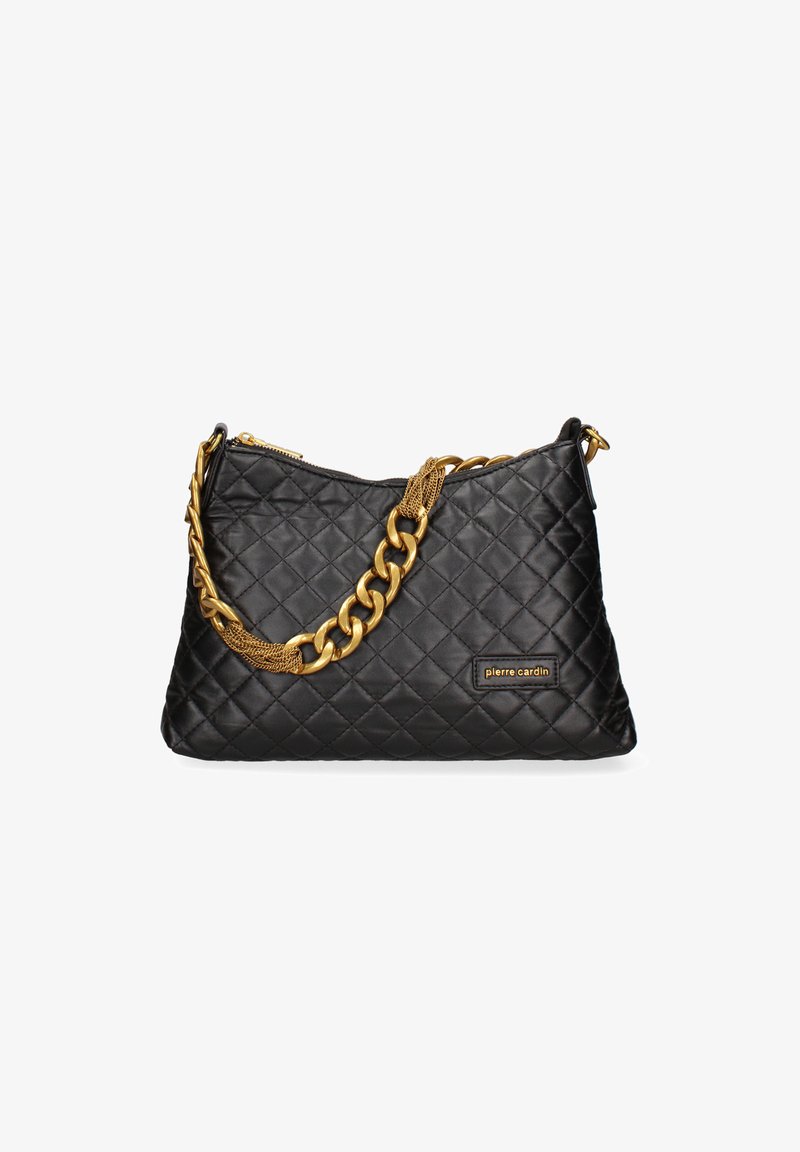 Zwarte gewatteerde handtas met een gouden kettingband en een ritsluiting. Getextureerd leer met een logo-plaat aan de zijkant.