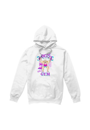 White hoodie with colorful cartoon of muscular person lifting barbell, text reading "Ricky's Gym" and "Club Member" on front.
